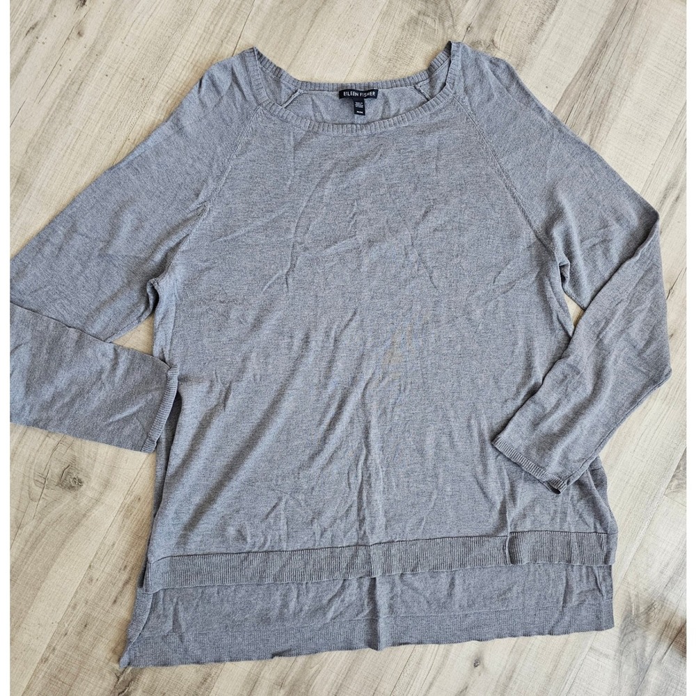 Eileen Fisher Gray Tencel Organic Cotton Silk Knit Sweater High Low Hem Medium